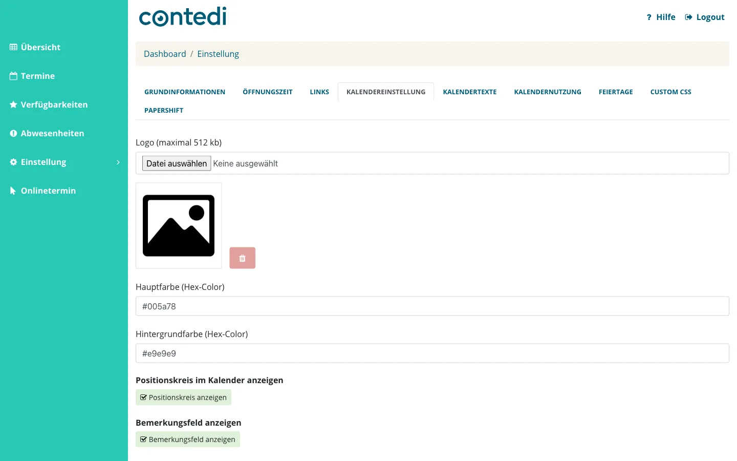 Reiter Kalendereinstellung mit Logo-Upload, Hauptfarbe, Hintergrundfarbe und den vier Anzeige-Häkchen