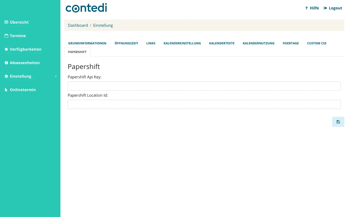 Reiter Papershift in der Grundeinstellung mit Api Key und Location Id
