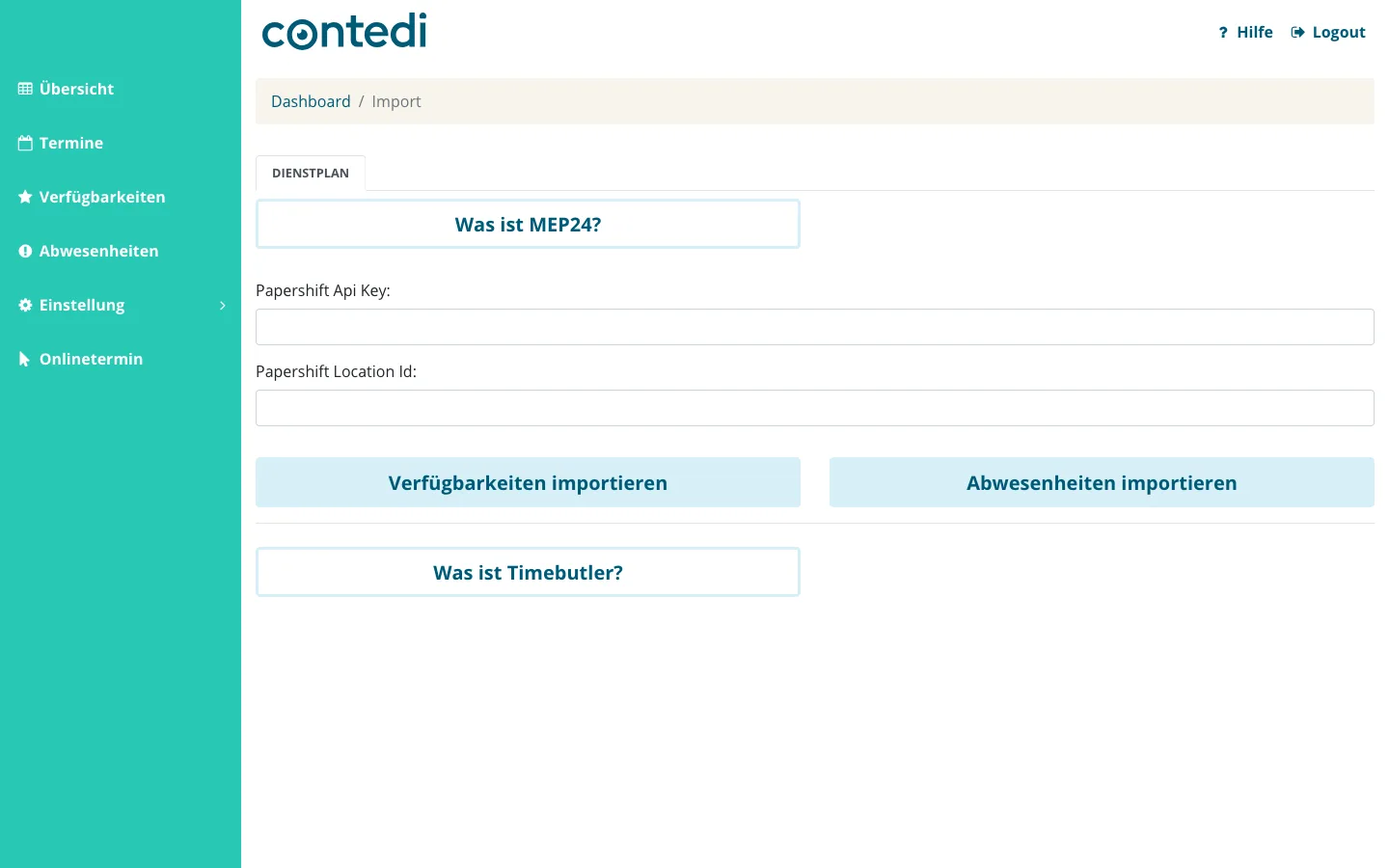 Menüpunkt Import mit Reiter Dienstplan und den Schaltflächen für MEP24, Papershift und Timebutler