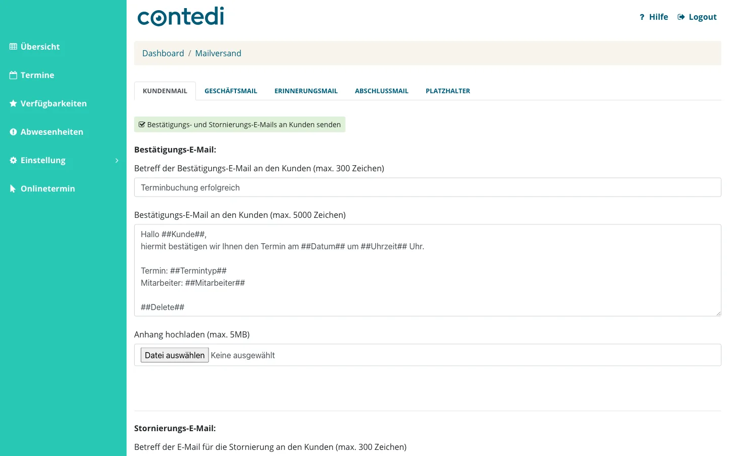 Reiter Kundenmail mit Betreff und Text für Bestätigung und Stornierung sowie Anhang hochladen