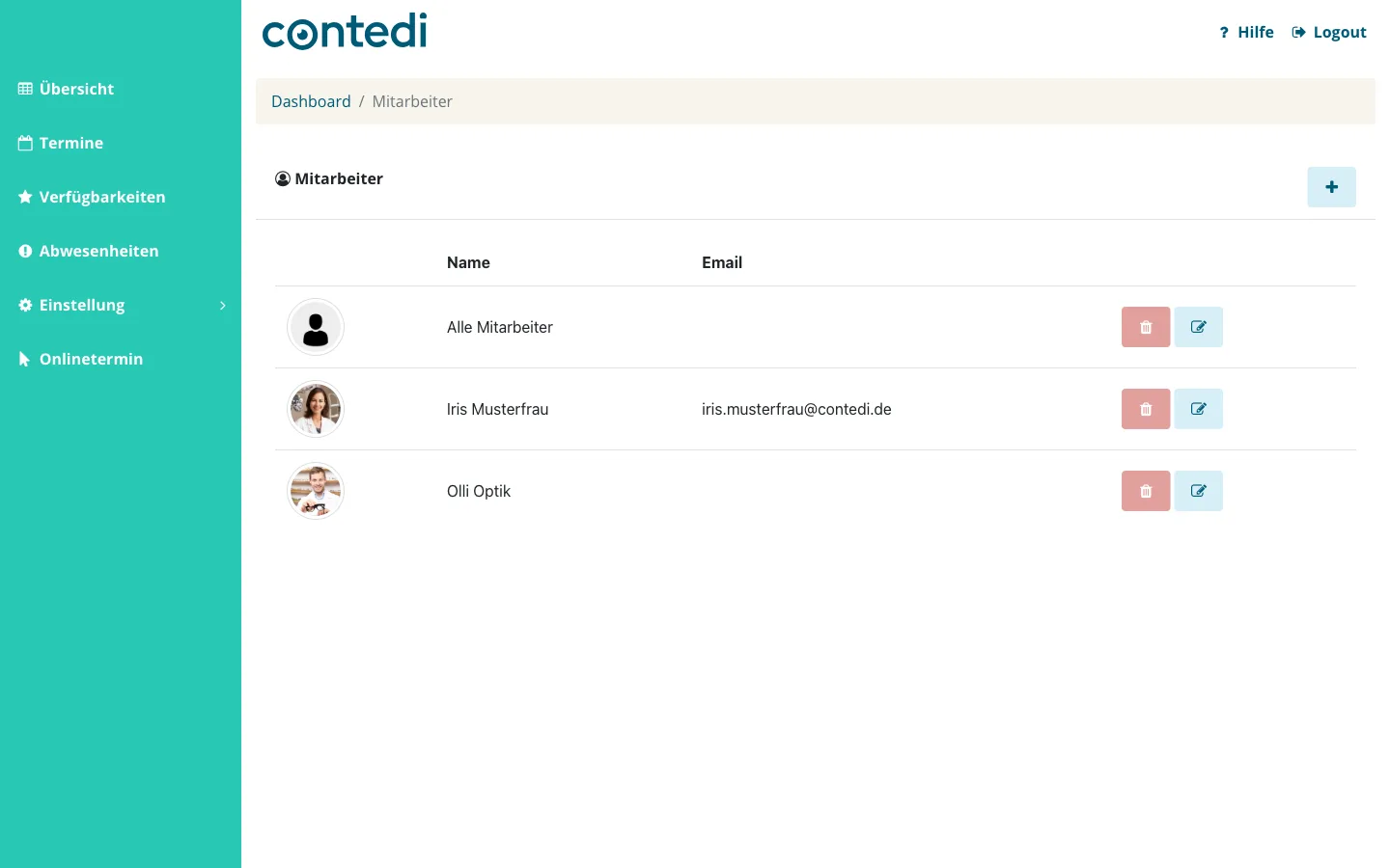 Mitarbeiterliste mit Foto, Name und E-Mail-Adresse