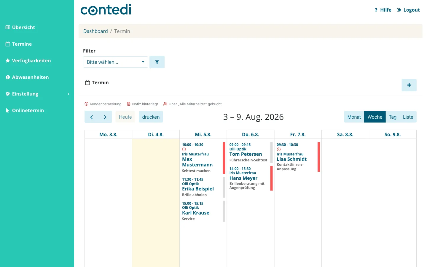 Wochenansicht des Terminkalenders mit gebuchten Terminen und der Legende über dem Kalender