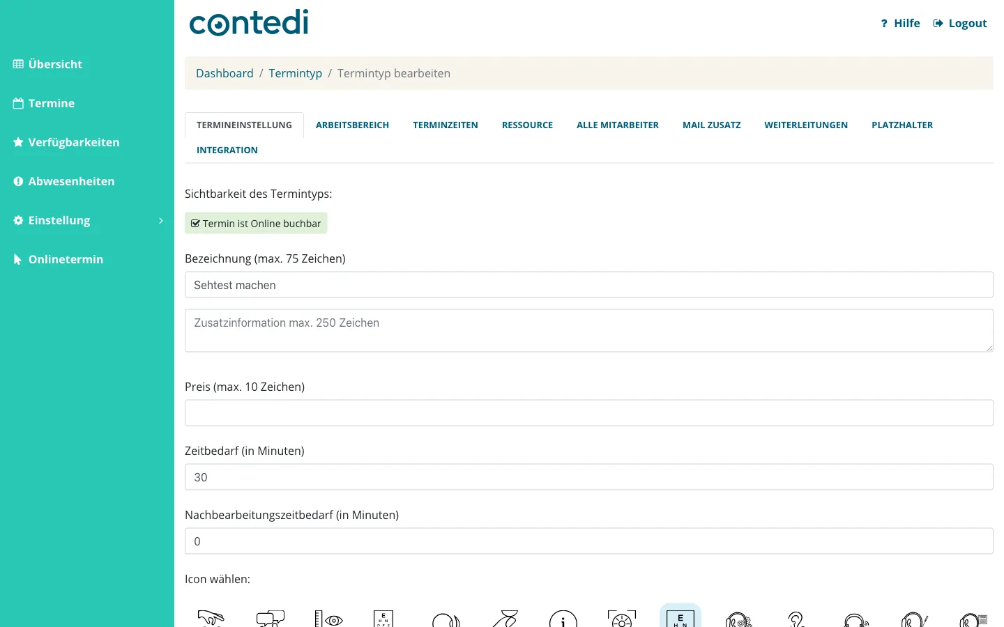 Reiter Termineinstellung mit Online buchbar, Bezeichnung, Zusatzinformation, Preis, Zeitbedarf, Nachbearbeitungszeitbedarf und Icon