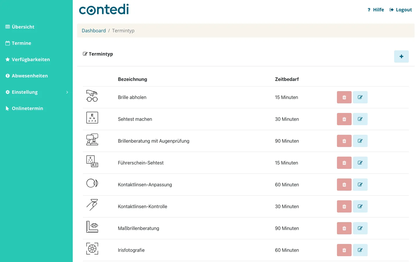Liste der Termintypen mit Icon, Bezeichnung und Zeitbedarf